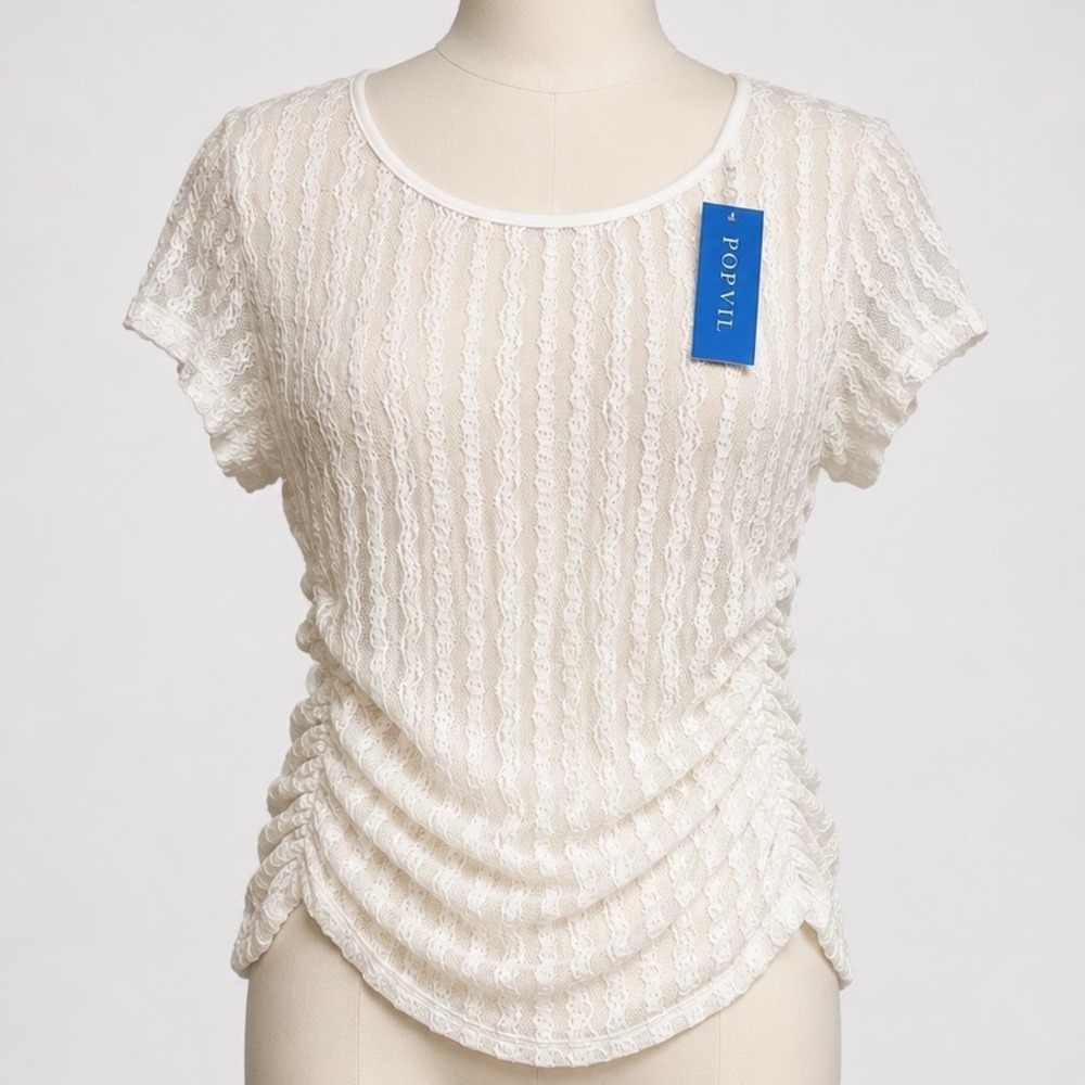 Popvil White Lace Ruched Swim Cover Up Top Short Sleeve Sheer Floral Small New‎
